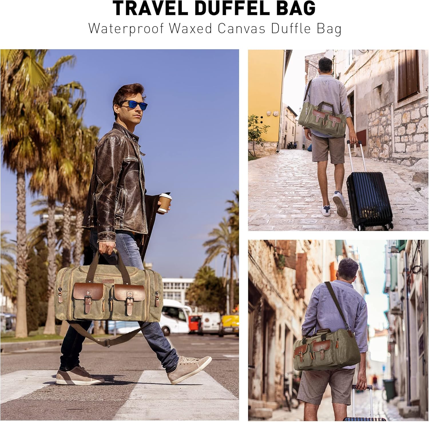Waxed Canvas Duffle Bag - 50L Waterproof Weekender Overnight Travel Bag - Image 2