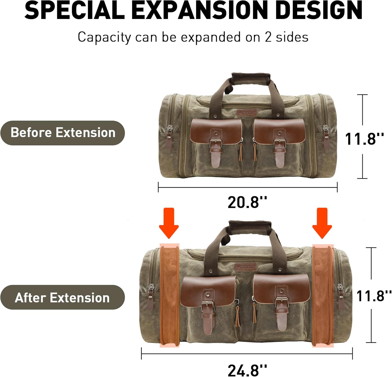 Waxed Canvas Duffle Bag - 50L Waterproof Weekender Overnight Travel Bag - Image 7